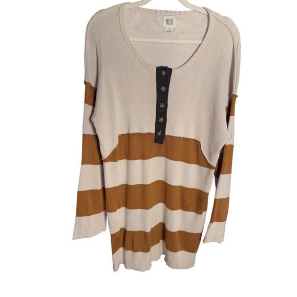 BDG Womens Ivory Brown Tunic Sweater Dress Sz Large Henley Striped Ribbed Knit - Picture 4 of 10